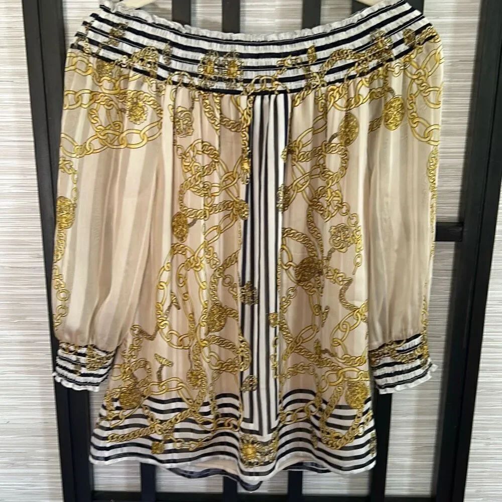 Cachet silky off the shoulder blouse top gold XS nautical chain print navy gold